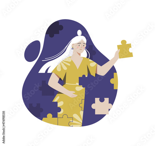 Girl with puzzles. Woman gathers herself piece by piece. Psychological insecurity. Self improvement and inner balance. Character looking for his life path or way. Cartoon flat vector illustration