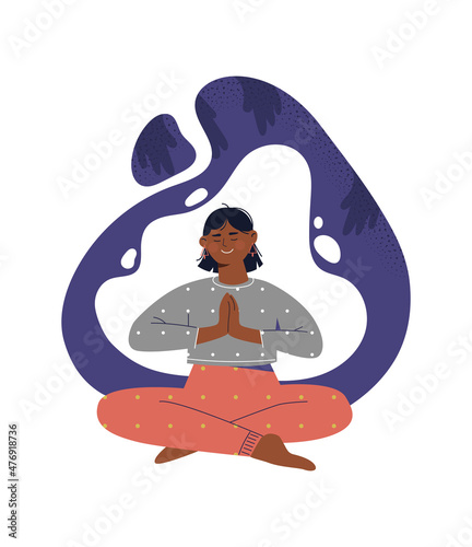 Concept of meditation. Girl sitting in lotus position. Character engaged in yoga and stretching. Inner tranquility and search balance. Esoterics and selfdevelopment. Cartoon flat vector illustration