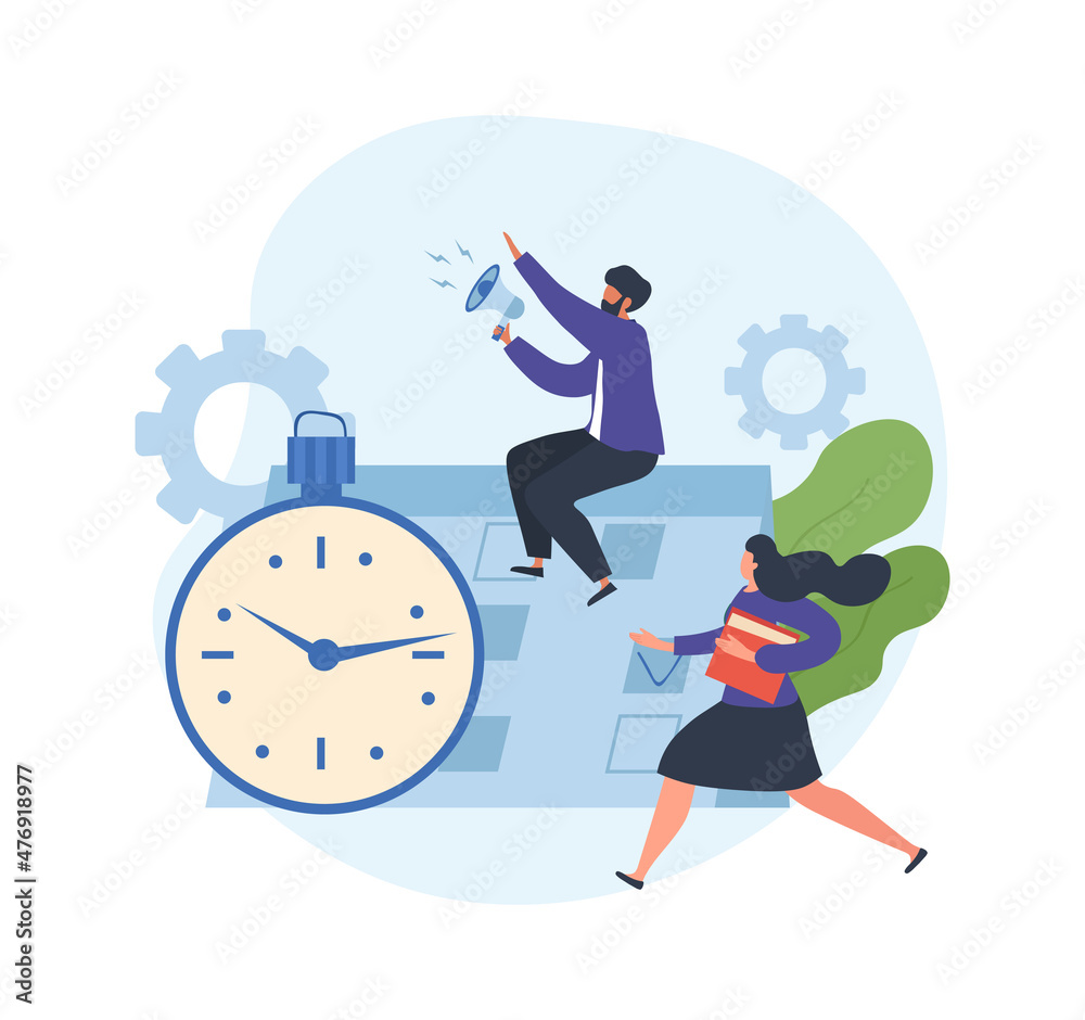 Concept of deadline. Man and girl sitting against background of clock. Graphic elements for site. Scenes from offices, workflow and teamwork. Employees and colleagues. Cartoon flat vector illustration