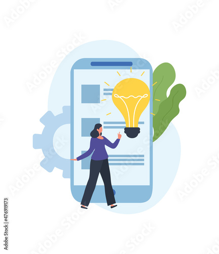 Project initiation concept. Girl working on proposal for mobile phone. Character came up with new idea. Woman stands with light bulb above her head, leadership. Cartoon flat vector illustration