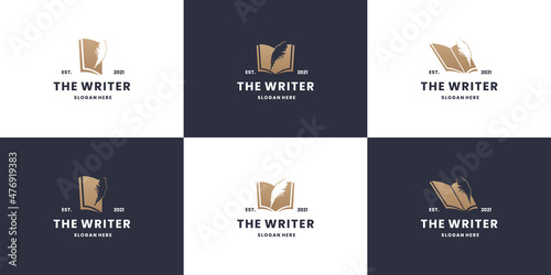 classic the writer logo collection. feather and book combine