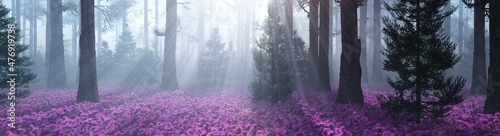 Fairy tale forest in the morning in the fog with a meadow of flowers, flowers in the forest in a meadow in the sun, rays in the forest in a meadow of flowers, 3D rendering photo