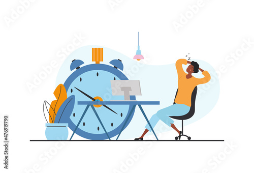 Delaying working tasks. Girl sits on background of clock, metaphor of procrastination. Lazy employee in no hurry to get job done. Rest, relaxation, scenes from office. Cartoon flat vector illustration