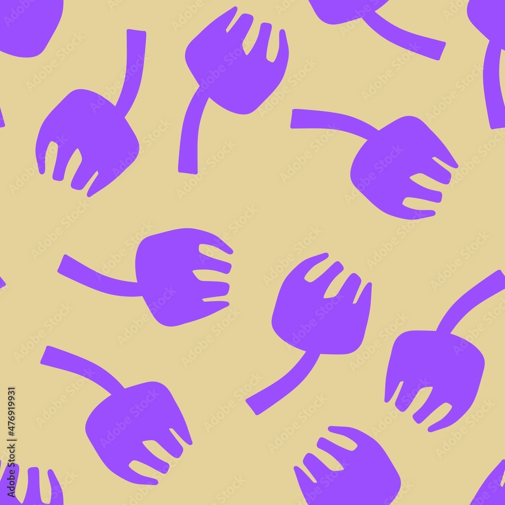 Obraz premium Seamless pattern. Lilac tulips on a yellow background. Minimalistic, simple flowers on a branch. Scandinavian style. Endless pattern for fabric, textile, clothing, packaging.