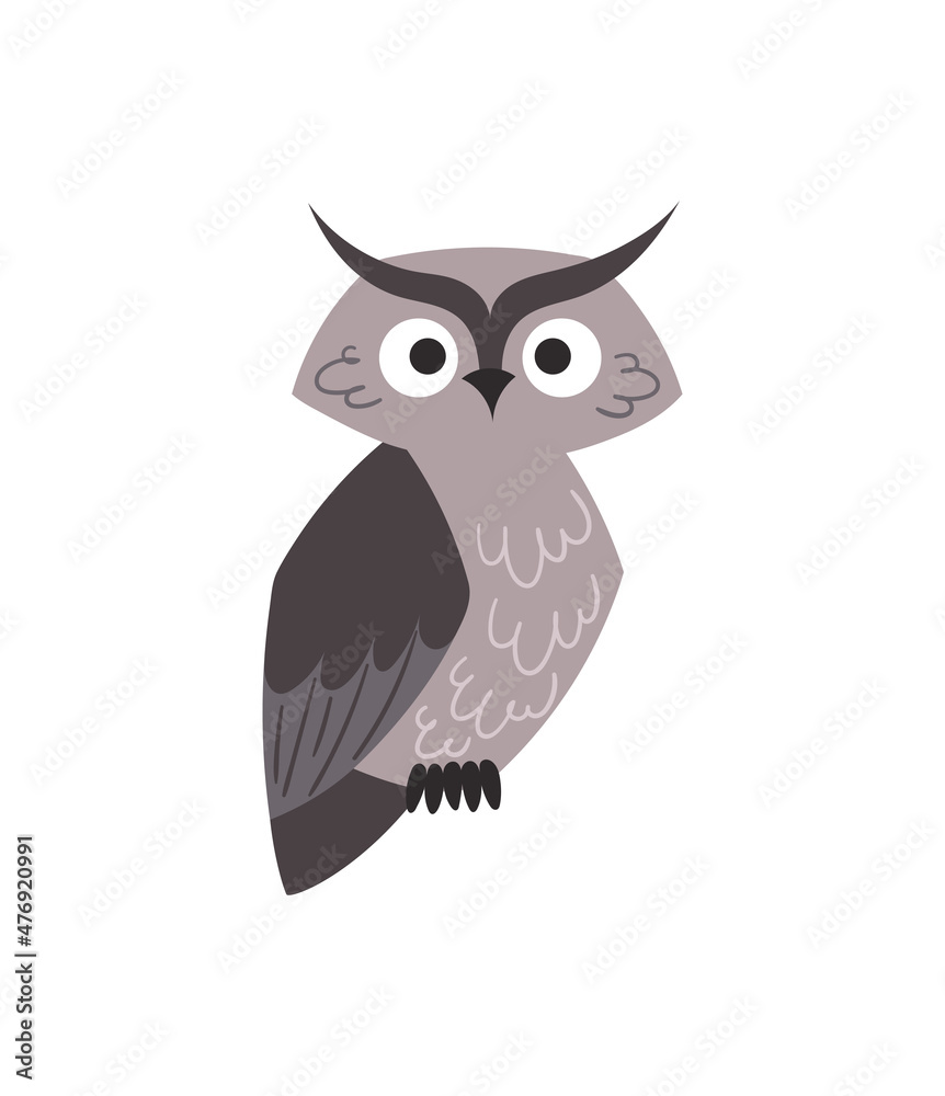 Little grey owl. Baby bird, boy or girl, beautiful coloring animal, feathers, wildlife. Characters for childrens, stickers and badges. Cartoon flat vector illustrations isolated on white background