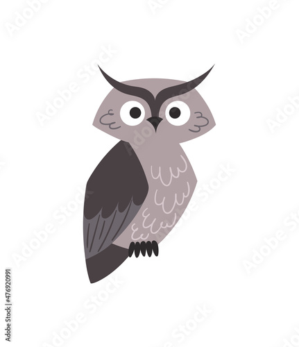 Little grey owl. Baby bird, boy or girl, beautiful coloring animal, feathers, wildlife. Characters for childrens, stickers and badges. Cartoon flat vector illustrations isolated on white background © Rudzhan