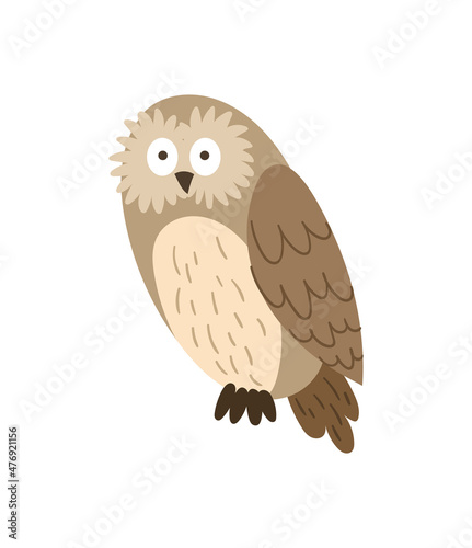 Weird beige owl. Wise forest dwellers, nocturnal zoo representatives, wild life, fauna. Characters for childrens, stickers and badges. Cartoon flat vector illustrations isolated on white background
