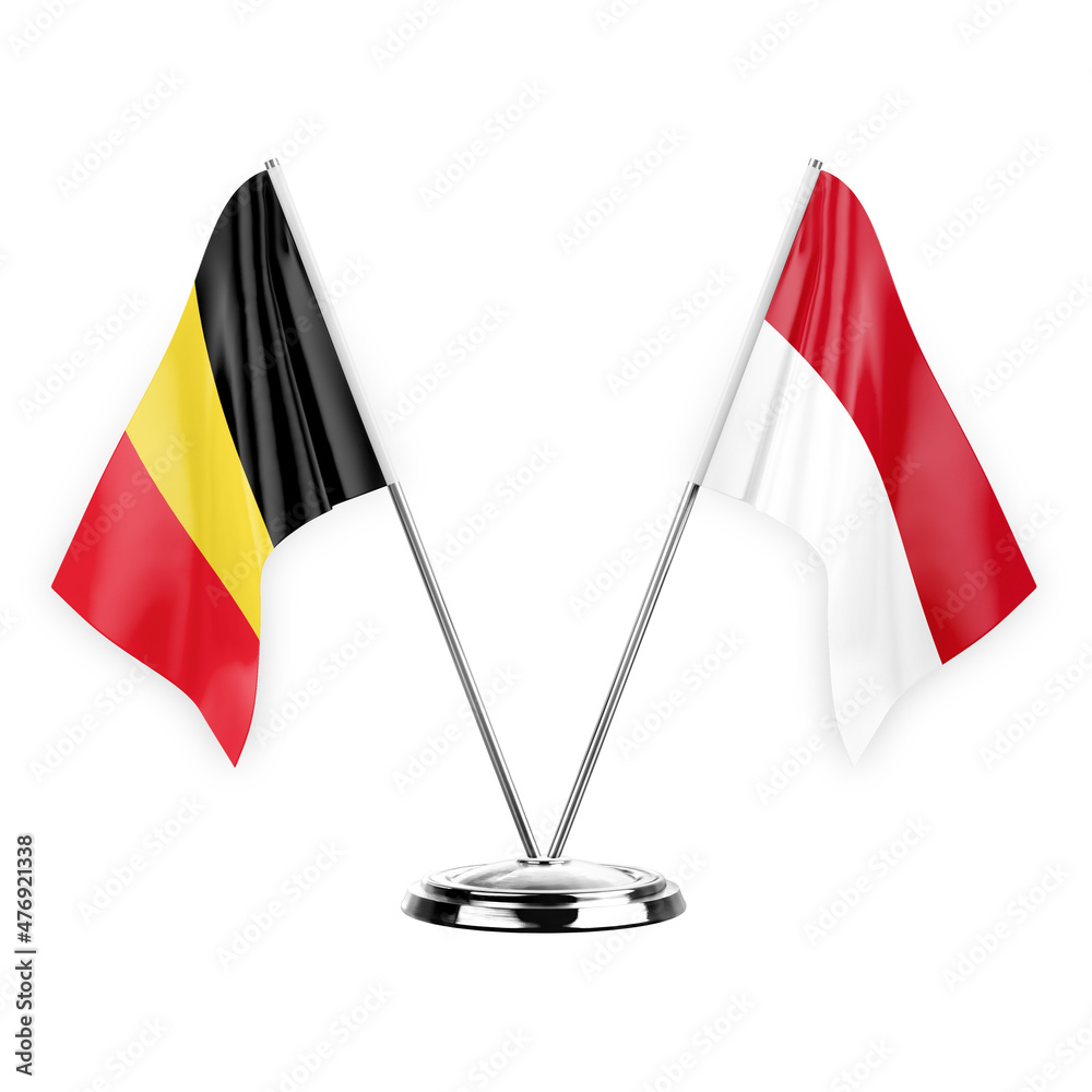 Two table flags isolated on white background 3d illustration, belgium and monaco Two table flags isolated on white background 3d illustration, belgium and monaco