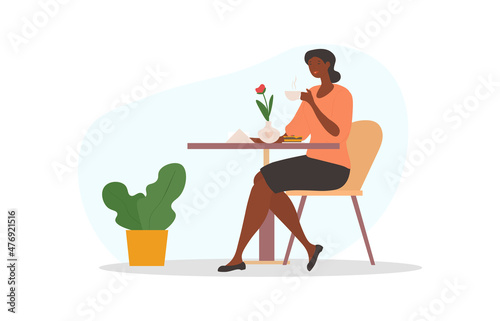 Woman drink coffee. Character resting from work in cafeteria. lunch break, visitor to restaurant or coffee shop. Mug or cup with tea. Powerful and energy hot drink. Cartoon flat vector illustration