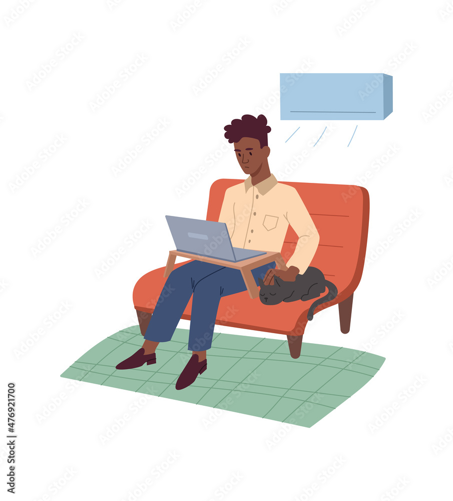 Man working with cat. Freelancer sits on couch with cat and laptop. Modern technologies, gadgets and devices. Time management and remote employee, coworking. Cartoon flat vector illustration Man working with cat. Freelancer sits on couch with cat and laptop. Modern technologies, gadgets and devices. Time management and remote employee, coworking. Cartoon flat vector illustration