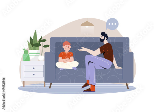Concept of fatherhood. Father talking to children. Serious conversation, modern interior and beautiful room. Difficulties in adolescence. Adult communicated with boy. Cartoon flat vector illustration