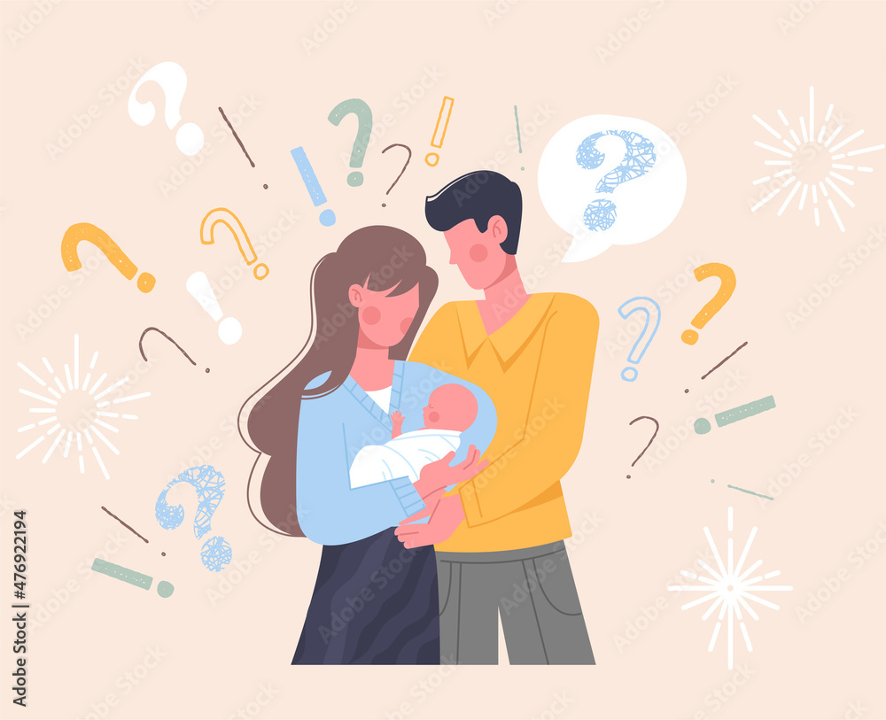 Parenting problems concept. Man and girl standing with child in their ...