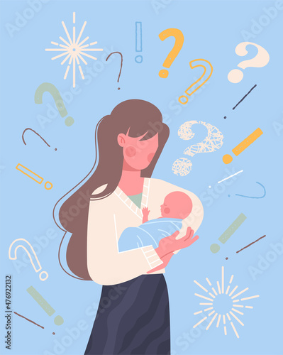 Mom with baby. Girl holding newborn baby in her arms, surrounded by questions. Motherhood. Uncertainty in young mother. Person does not know how to calm his children. Cartoon flat vector illustration