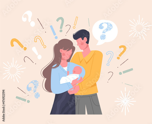 Parenting problems concept. Man and girl standing with child in their arms. Uncertainty among parents. Adults do not understand what newborn needs. Care and love. Cartoon flat vector illustration