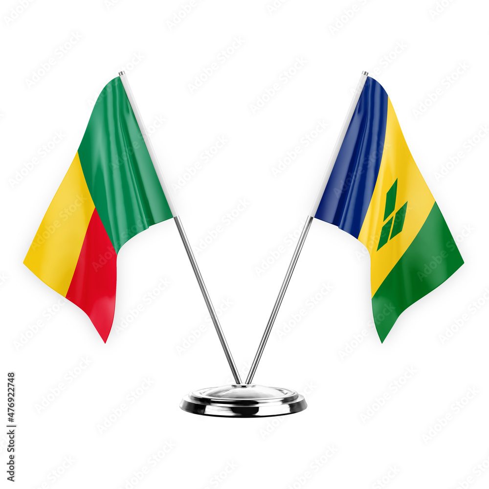 Two table flags isolated on white background 3d illustration, benin and saint vincent and the grenadines Two table flags isolated on white background 3d illustration, benin and saint vincent and the grenadines