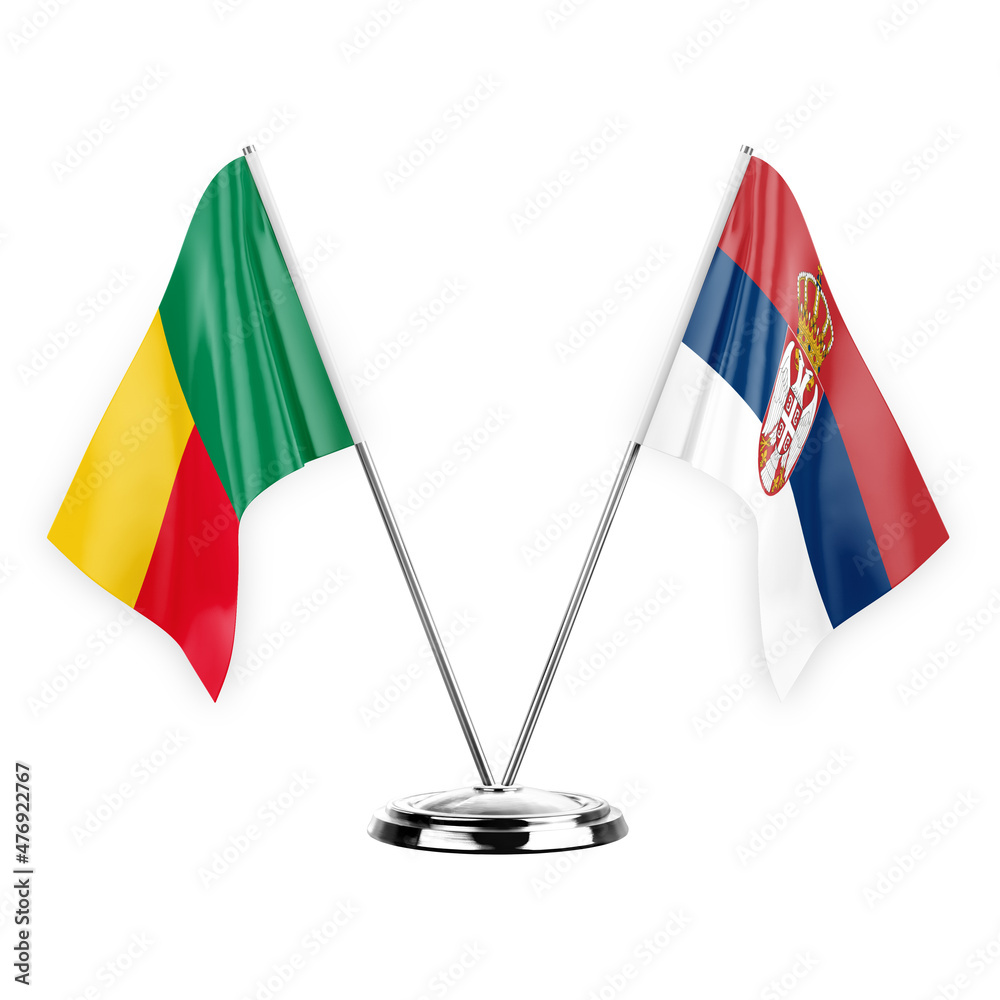 Two table flags isolated on white background 3d illustration, benin and serbia Two table flags isolated on white background 3d illustration, benin and serbia