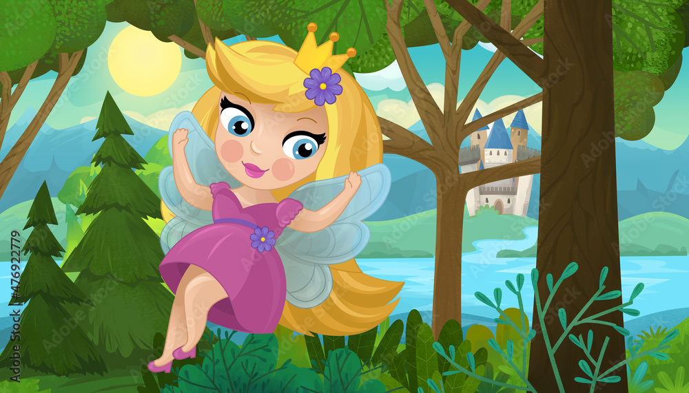 cartoon scene with nature forest princess and castle cartoon scene with nature forest princess and castle