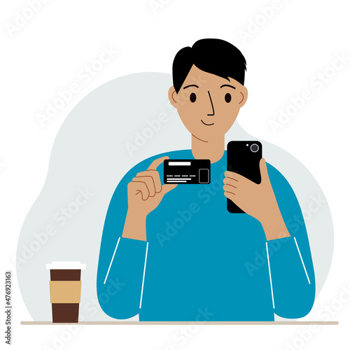 A woman with a mobile phone in her hand holds a bank card. Concept credit, deposit, payment, debit online. Vector