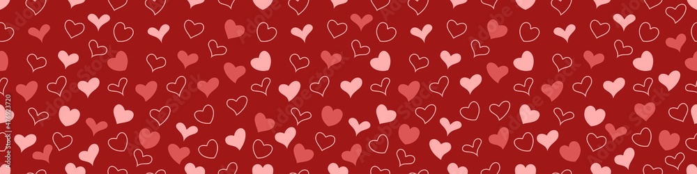 Many little hearts on a red background. Seamless pattern.