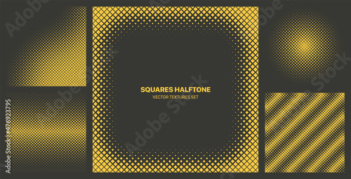 Assorted Various Yellow Halftone Square Dots Textures Vector Different Geometric Patterns Set Isolated On Black Background. Contrast Graphic Modernism Pattern Variety Texture Design Element Collection