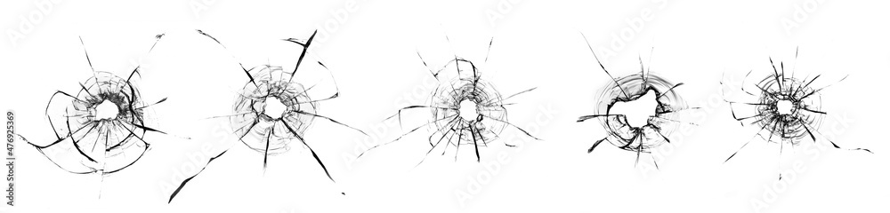 Collage Hole from a ball in the glass, cracks on a white background - obrazy, fototapety, plakaty 