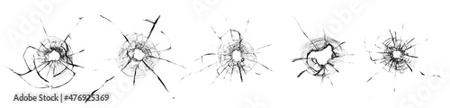 Fotografia Collage Hole from a ball in the glass, cracks on a white background
