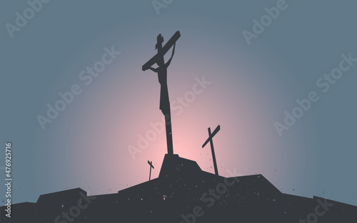 Canvas Silhouetted image of the Crucifixion of Jesus Christ and the two thieves on Golgotha or Calvary, with blue and pink background
