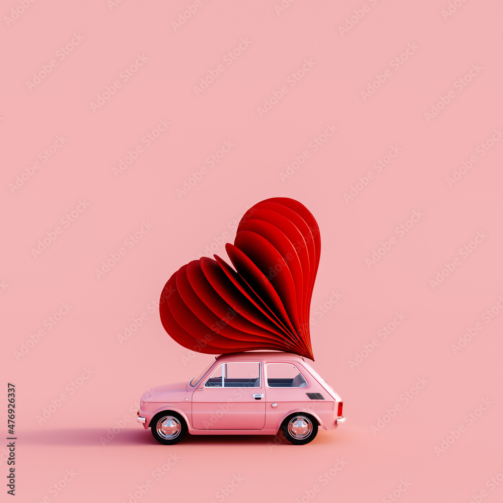 Old pink car with red heart on the roof on pink background 3D Rendering, 3D Illustration