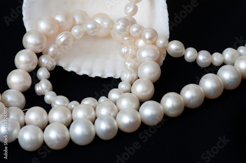Freshwater pearl necklace in an oyster shell. 