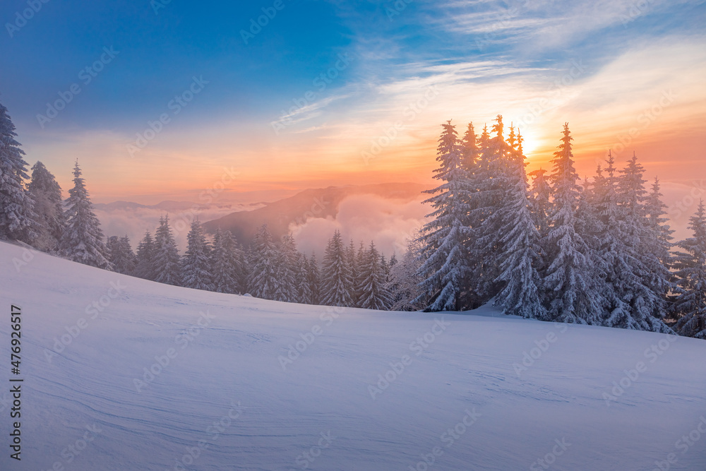 Cold winter morning on Kranjska Reber mountain in Kamnik-Savinja Alps, Slovenia