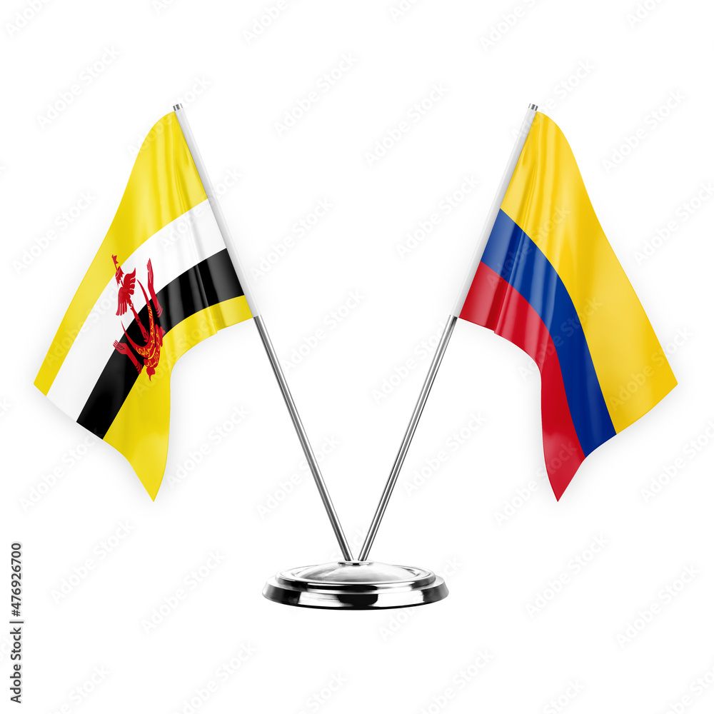 Two table flags isolated on white background 3d illustration, brunei and colombia Two table flags isolated on white background 3d illustration, brunei and colombia