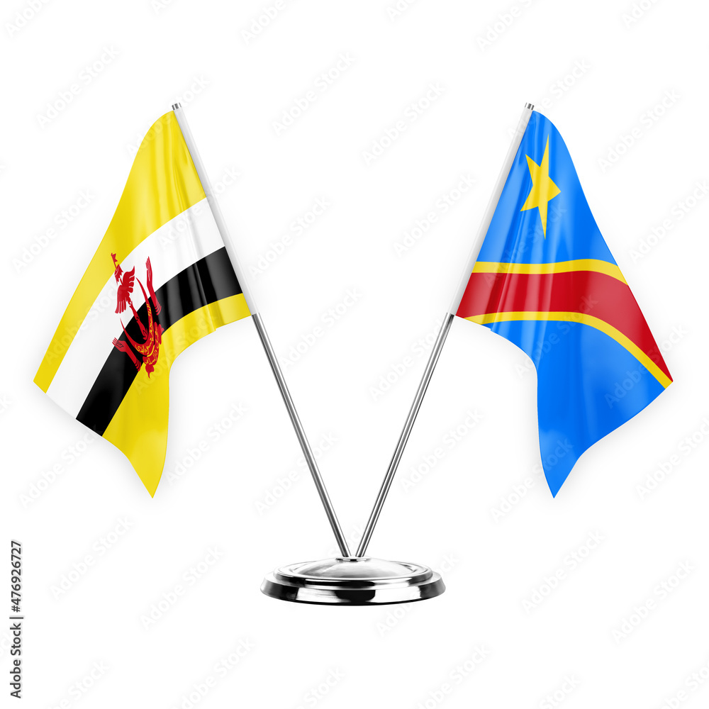Two table flags isolated on white background 3d illustration, brunei and dr congo Two table flags isolated on white background 3d illustration, brunei and dr congo