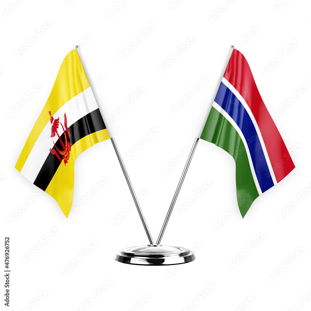 Two table flags isolated on white background 3d illustration, brunei and gambia Two table flags isolated on white background 3d illustration, brunei and gambia