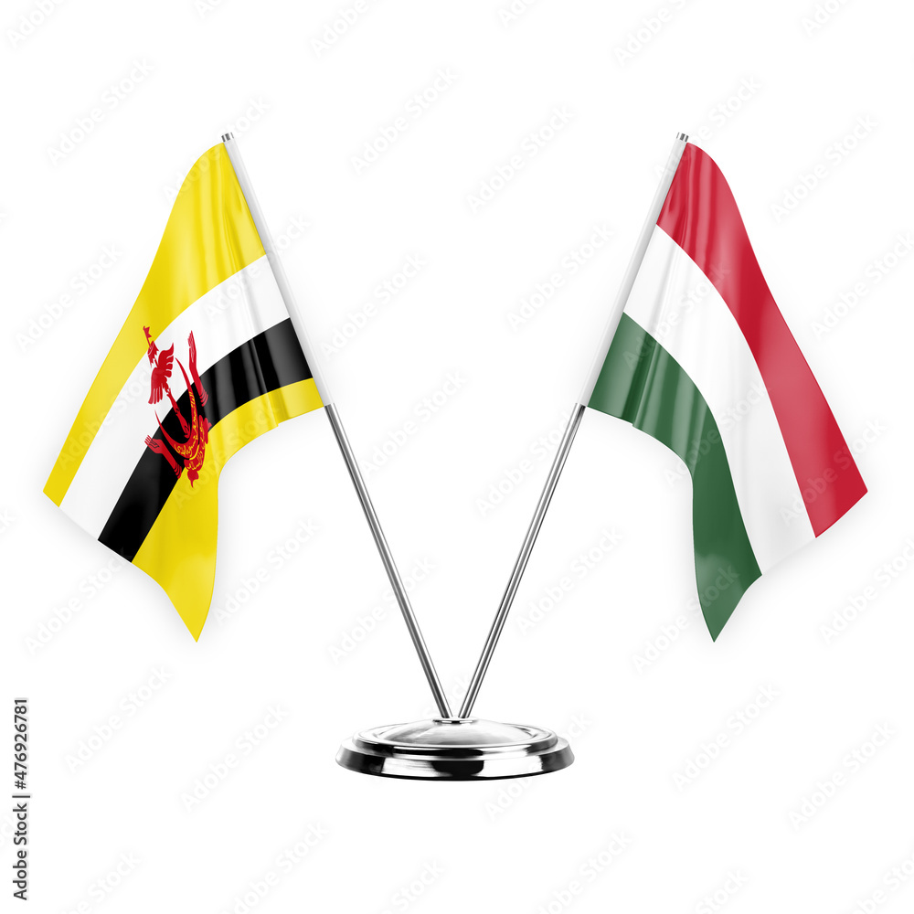 Two table flags isolated on white background 3d illustration, brunei and hungary
