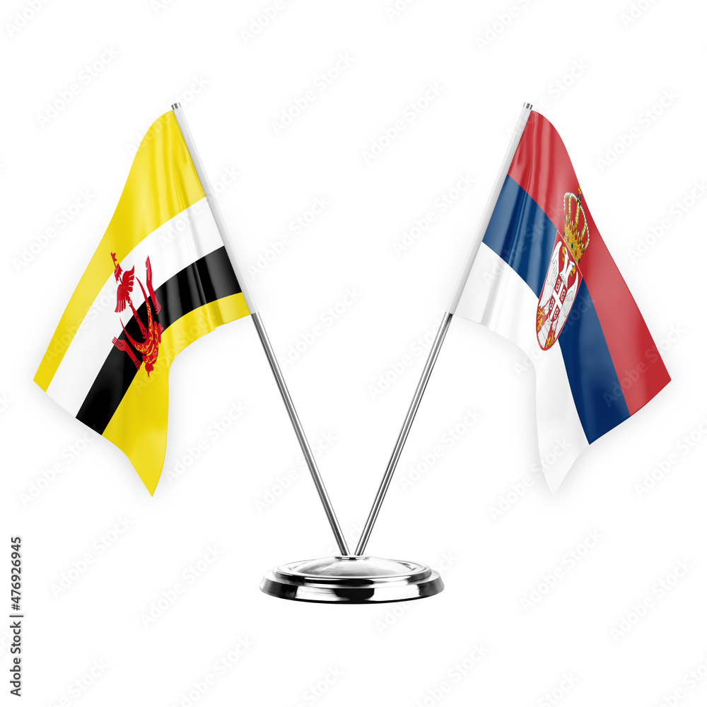 Two table flags isolated on white background 3d illustration, brunei and serbia Two table flags isolated on white background 3d illustration, brunei and serbia