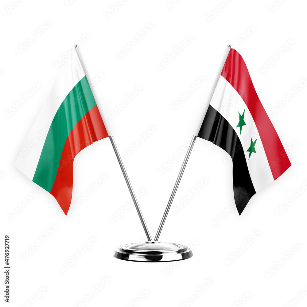 Two table flags isolated on white background 3d illustration, bulgaria and syria Two table flags isolated on white background 3d illustration, bulgaria and syria