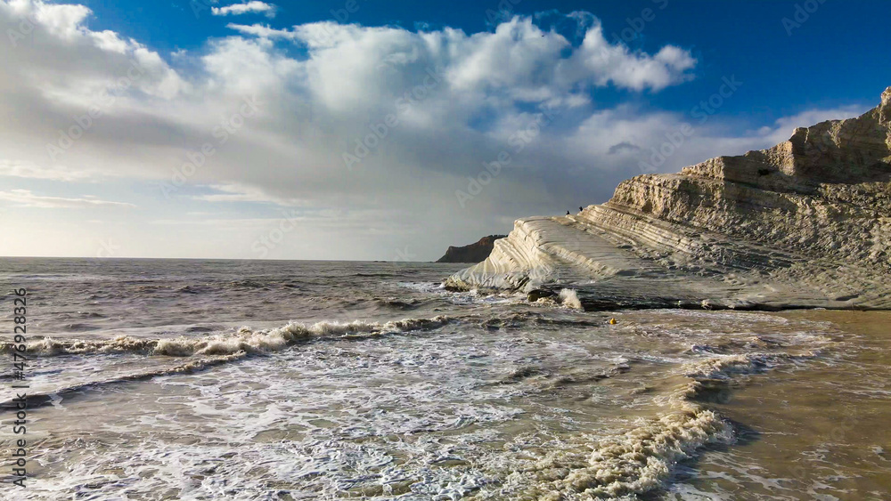 Aerial drone viewpoint on Stair of the Turks. Scala dei Turchi is a rocky cliff on the southern coast of Sicily, Italy