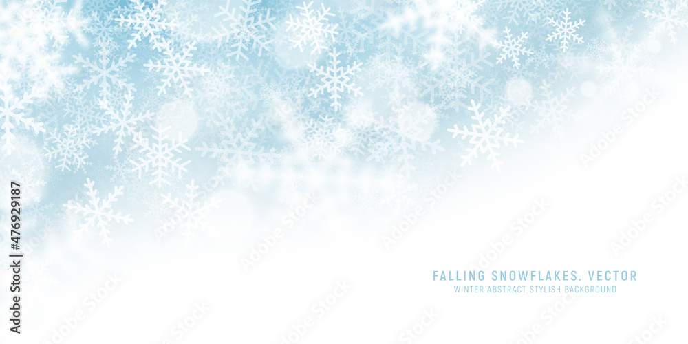 Snowstorm And Blizzard Falling Snowflakes Vector Light Blue Abstract Background. Polar Arctic Nature Snowy Weather Effect Stylish Wide Wallpaper. Christmas Time Noel And New Year Eve Art Illustration