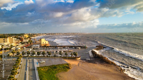 Aerial view of Mazara del Vallo, beautiful coast of Sicily at sunset from drone, Italy