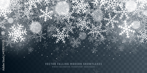 Vector Falling Modern Snowflakes And Lights Overlay On Transparent Background. Winter Decoration Translucent Snowfall Effect Abstract Wide Wallpaper. Christmas Time And New Year Eve Art Illustration