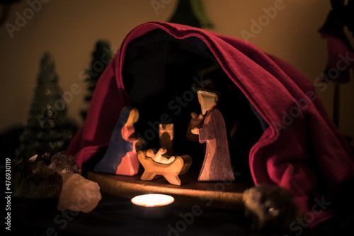 Little Christmas stall with Jesus, Jozef and Maria. Holiday Season