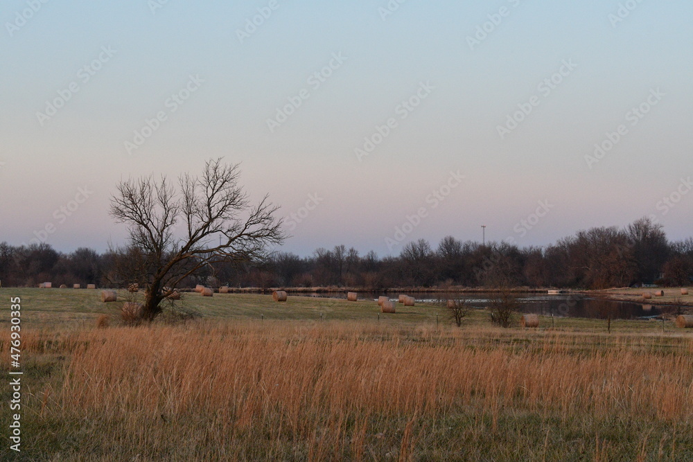 Farm Field with Hay Bales in the Distance