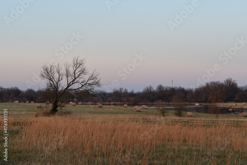 Farm Field with Hay Bales in the Distance