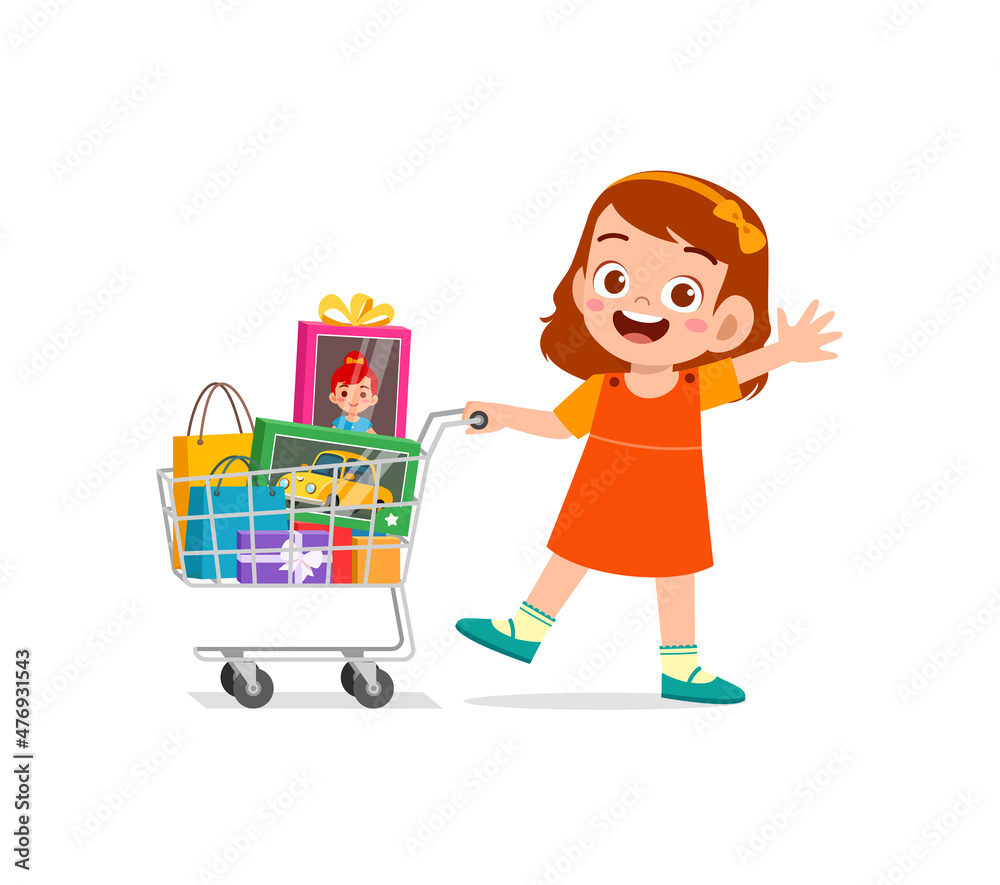 cute little girl push shopping cart full of groceries cute little girl push shopping cart full of groceries