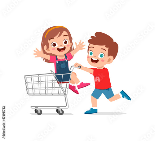 little kid ride on trolley and friend push while run