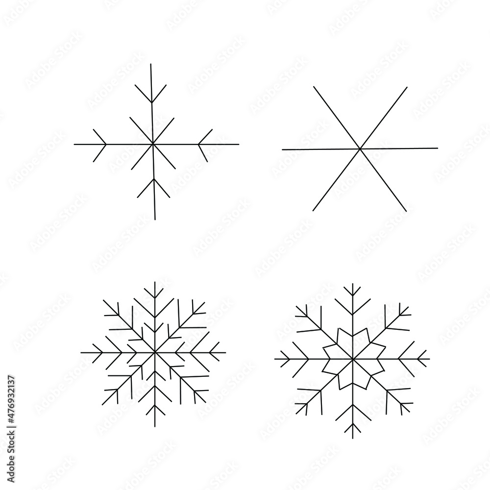A set of simple snowflakes or openwork abstract shapes. Vector outline illustration is suitable for typography, websites, invitations, postcards. 