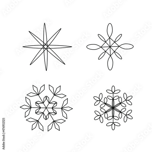 A set of simple snowflakes or openwork abstract shapes. Vector outline illustration is suitable for typography  websites  invitations  postcards. 