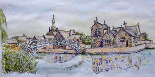 Ink and Watercolour Pointillist Style painting of The Chinese Bridge  and Causeway at Godmanchester  Cambridgeshire. photo