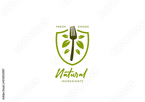 Organic natural fresh ingredients food logo with fork and leaves icon