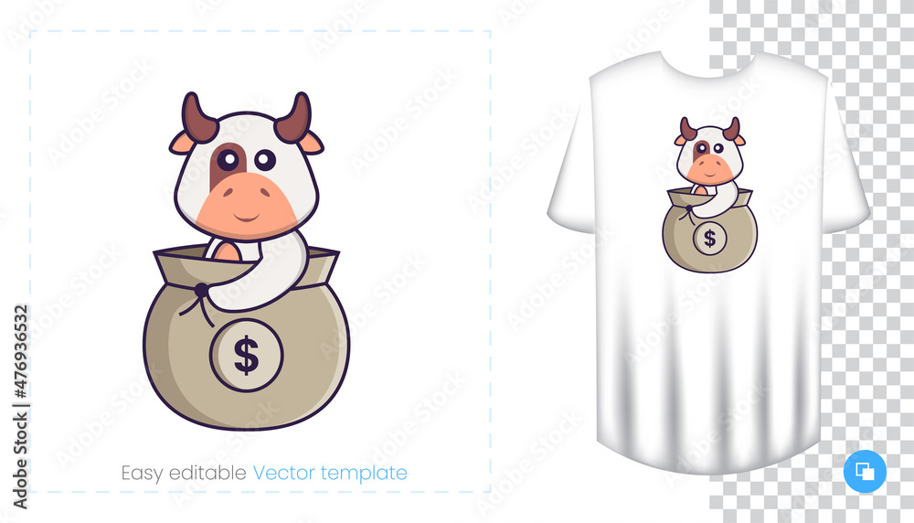Cute cow character. Prints on T-shirts, sweatshirts, cases for mobile phones, souvenirs. Isolated vector illustration on white background. Cute cow character. Prints on T-shirts, sweatshirts, cases for mobile phones, souvenirs. Isolated vector illustration on white background.